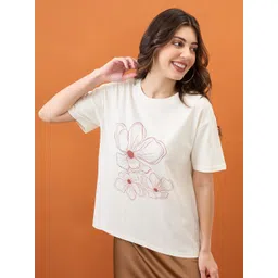 Mast & Harbour Floral Printed Round Neck Short Sleeves Regular Fit Cotton T-Shirt-picture-11