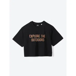 Mast & Harbour Girls Black Typography Printed Pure Cotton Boxy Crop T-shirt-picture-32
