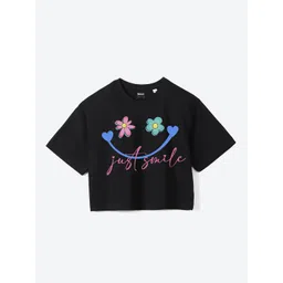 Mast & Harbour Girls Black Typography Printed Pure Cotton Boxy T-shirt-picture-31