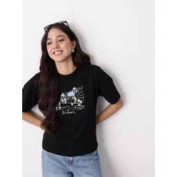 Mast & Harbour Graphic Printed Drop-Shoulder Sleeves Pure Cotton Casual T-shirt-picture-13