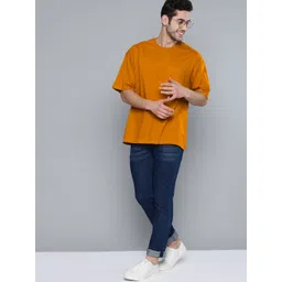 mast & harbour Mast  Harbour Men Mustard Yellow Pure Cotton Solid Round Neck Pure Cotton T-shirt-picture-18