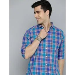 Mast & Harbour Men Blue And Violet Slim Fit Checked Pure Cotton Casual Shirt-image-0