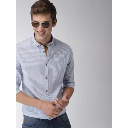 Mast & Harbour Men Blue & White Slim Fit Striped Casual Sustainable Shirt-picture-30