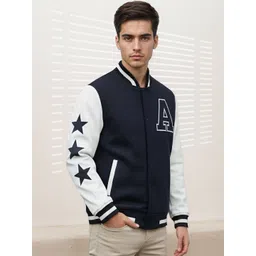 Mast & Harbour Men Brand Logo Colourblocked Woollen Lightweight Outdoor Varsity Jacket with Embroidered-picture-23