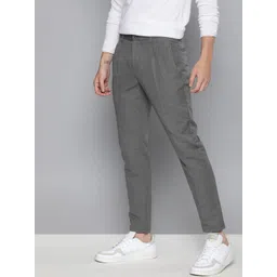 Mast & Harbour Men Charcoal Grey Slim Fit Solid Regular Pleated Linen Cotton Trousers-picture-39