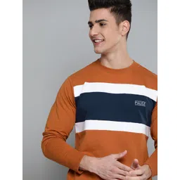 Mast & Harbour Men Mustard Brown & Navy Blue Colourblocked Sweatshirt-picture-15
