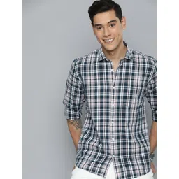 Mast & Harbour Men Navy Blue & White Checked Pure Cotton Casual Shirt-picture-35