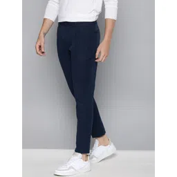 Mast & Harbour Men Navy Blue Slim Fit Solid Regular Pleated Linen Cotton Trousers-picture-37