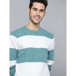 Mast & Harbour Men Sea Green & White Cable Knit Striped Pullover Sweater-picture-40