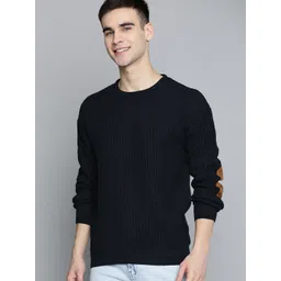 mast & harbour Men Self Design Round Neck Dark Blue Sweater-picture-18