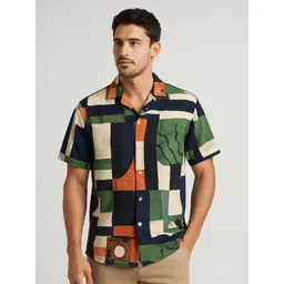 Mast & Harbour Men Standard Fit Geometric Printed Cuban Collar Casual Shirt-picture-24