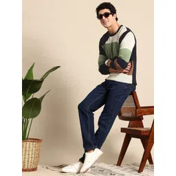 mast & harbour Men Striped Round Neck Blue Sweater-picture-11