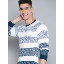 Mast & Harbour Men White & Teal Blue Striped Pullover-picture-14
