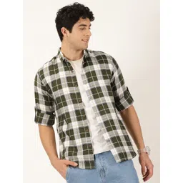 Mast & Harbour Olive Green Classic Slim Fit Tartan Checks Opaque Casual Shirt-picture-26