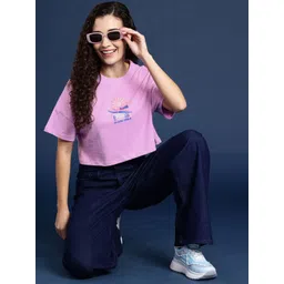 Mast & Harbour Printed Drop-Shoulder Sleeves Oversized Bio Finish Pure Cotton Crop T-shirt-picture-28