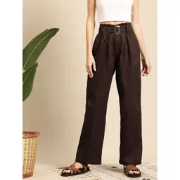 Mast & Harbour Women Belted Pure Cotton Straight Fit Trousers-picture-39