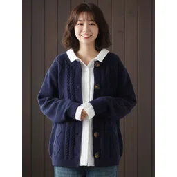 Mast & Harbour Women Cable Knit Self Design Round Neck Long Sleeve Cardigan-picture-18