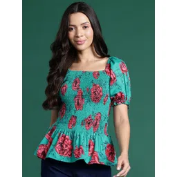 Mast & Harbour Women Floral Printed Square Neck Puff Sleeve Smocked Crepe Peplum Top-picture-15