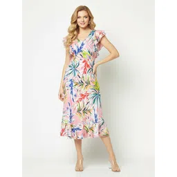 Mast & Harbour Women Floral Printed V-Neck Flutter Sleeve Tiered Fit & Flare Midi Dress-picture-28