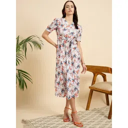 Mast & Harbour Women Floral Printed V-Neck Puff Sleeve Fit And Flare Midi Dress-image-16