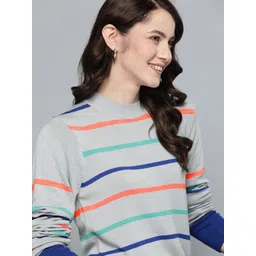 Mast & Harbour Women Grey & Orange Striped Acrylic Pullover-picture-12