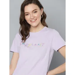 Mast & Harbour Women Lavender & Pink Typography Print Pure Cotton T-shirt-picture-12