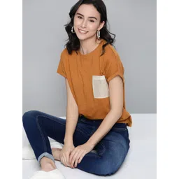 Mast & Harbour Women Mustard Brown Solid Pure Cotton Round Neck T-shirt-picture-41