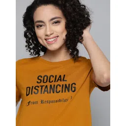 Mast & Harbour Women Mustard Yellow & Black Pure Cotton Round Neck T-shirt-picture-22