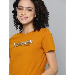 Mast & Harbour Women Mustard Yellow Printed Pure Cotton Round Neck T-shirt-picture-24