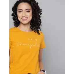 Mast & Harbour Women Mustard Yellow Pure Cotton Round Neck T-shirt-picture-20