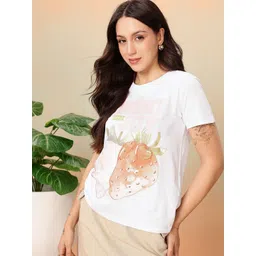 mast & harbour Women Printed Round Neck Pure Cotton White T-Shirt-picture-11