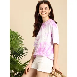 Mast & Harbour Women Relaxed Fit Tie and Dye Drop-Shoulder Sleeves Pure Cotton T-shirt-image-4