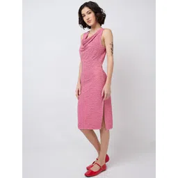 Mast & Harbour Women Self Design Cowl Neck Slits Cotton Sheath Midi Dress-picture-33