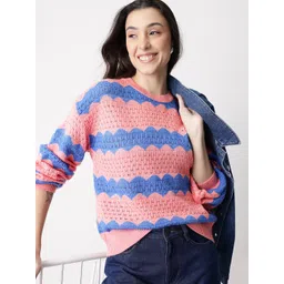 Mast & Harbour Women Self Design Open Knit Striped Pullover-picture-22