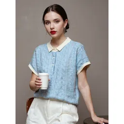 Mast & Harbour Women Self Design Peter Pan Collar T-shirt-picture-26