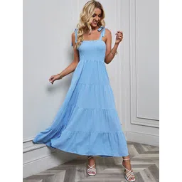 Mast & Harbour Women Self Design Smocked Sleeveless Fit and Flare Maxi Dress-image-6