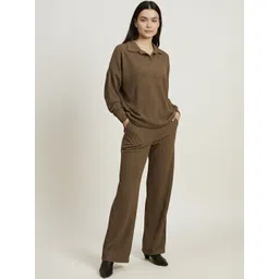 mast & harbour Women Self Design Spread Collar T-Shirt With Trouser Set-picture-12