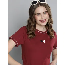 mast & harbour Women Solid Round Neck Pure Cotton Purple T-Shirt-picture-10