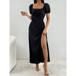 Mast & Harbour Women Square Neck Front High Slit Puff Sleeves Fit and Flare Dresses-image-34