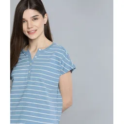 mast & harbour Women Striped Round Neck Pure Cotton Blue T-Shirt-picture-11