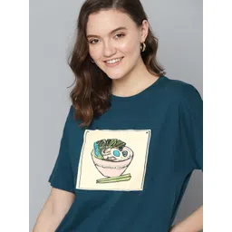 Mast & Harbour Women Teal Blue & Off-White Printed Pure Cotton T-shirt-picture-22