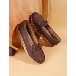 Mast & Harbour Women Textured Comfort Loafers with Soft Sole and Metal Buckle-image-13