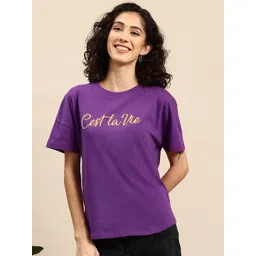 Mast & Harbour Women Typography Printed Pure Cotton T-shirt-picture-25