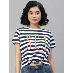 Mast  Harbour Women Navy Blue and White  Striped Tshirt with Knot Detail-image-0