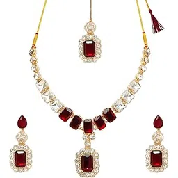 mast mola Gold-Toned Kundan Necklace Set with Matching Dangling Earrings & Maang Tikka, Ruby Red / Emerald Green / Royal Blue & White Stones | Stainless Steel Western Royal Wear for Traditional, Festive, Party, Ethnic, Bridal, Wedding & Anniversary | Gift Ready Box for Wife Girlfriend Sister Mother, Birthday Marriage Anniversary Valentine's Day-picture-54