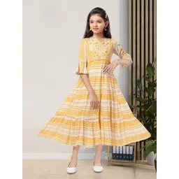 MASTARANG Girls V-Neck Embroidered Striped Bell Sleeve Fit and Flare Dress-picture-53