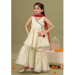 MASTARANG Net Woven Sleeveless Polka Dots Foil Printed Peplum Kurti & Sharara With Dupatta Set - Off White-picture-23