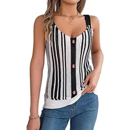 mastyle Women's V-Neck Sleeveless Contrast Color Knitted Vest Buttoned Stretchy Summer Casual Top-picture-15