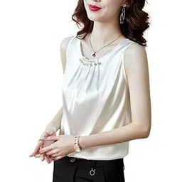 mastyle Women’s Ice Silk Sleeveless Top Round Neck Satin Pleated Vest Solid Color image 1