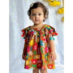 MASU LIVING Girls Abstract Printed Flutter Sleeve Cotton Fit & Flare Dress-picture-16